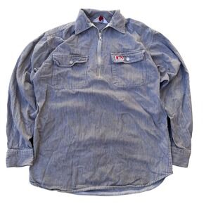 Ben Davis Hickory Stripe Half Zip Work Shirt Mens Black White Long Sleeve Pocket